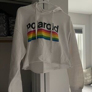 Polaroid White Cropped Hoodie with Rainbow Stripes